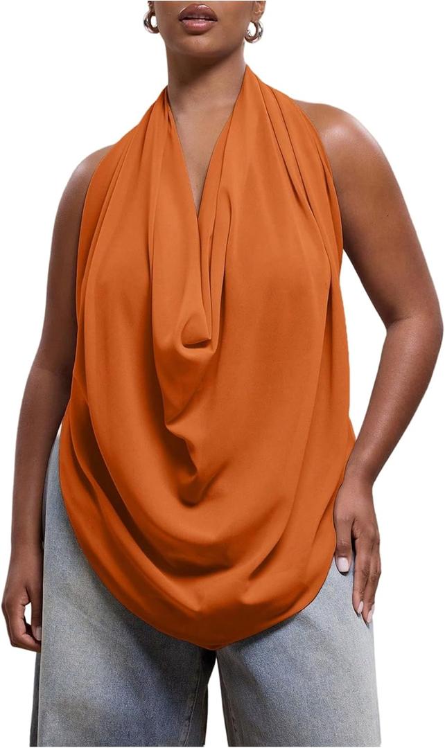 Women's Plus Size Open Back Cowl Neck Tank Tops Draped Sleeveless Chiffon Halter Top (Orange, XXL)