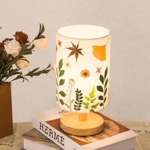 Pressed Flowers Table Lamp 5W LED 3Color Temperatures Dried Flower Bedside Lamp Linen Shade with Wood Base for Bedroom Living Room Desk Office (Round-Leaves)