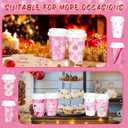 Layhit 100 Sets Pink Christmas Disposable Coffee Cups with Lids Sleeves and Stirring Straws 12oz Snowflake Coffee Paper Cups for Christmas Party Supplies