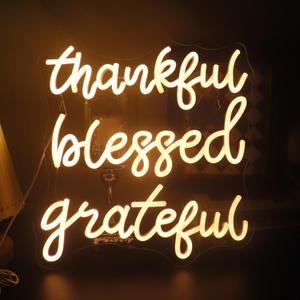 Thankful Blessed Grateful Neon Sign Led Dimmable Neon Lights for Bar Room Home Art Wall Decor Party Window Living Room Decor Christmas' Gift (Warm white)