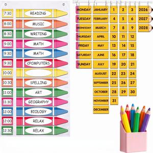 39" x 19" Crayon Daily Schedule Pocket Chart with 13+1 Pockets, Pencil Flip Calendar with 52 Date Cards, 18 Reusable Dry Erase Card Time Card, a Magnetic Pen Holder for Preschool Classroom, 6.3"W x 2.4"H