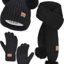 Remifa Kids Winter Hat  Scarf Set, Toddler Girls Boy Fleece Lined PomPom Beanie Hat Kint Neck Long Scarf Warm Mittens