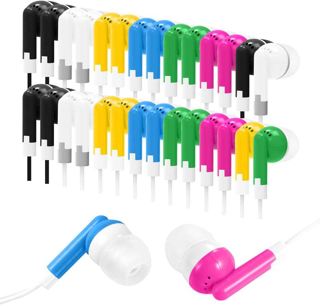 30 Packs Kids Earbud Headphones Bulk, Wired Earphones with 3.5 mm Jack Multi Colored Perfect for Classroom School Students Children and Adult (Mixed Colors)