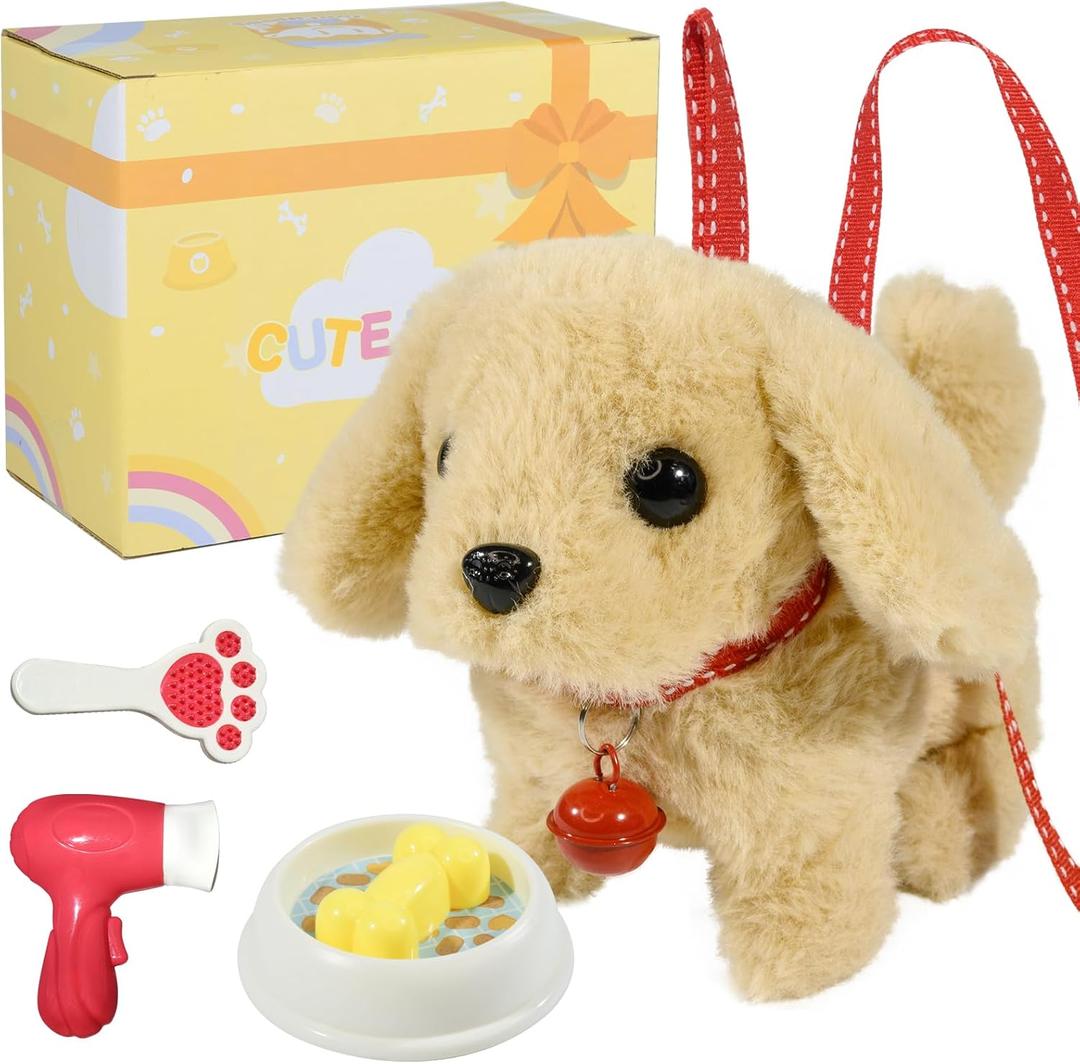 Plush Toys Walking Dog Toys That Can Walk, Bark and Wag Tail,Interactive Electronic Pet Toys Puppy with Leash,Easter Christmas Birthday Gift for Toddlers Kids (Golden Hair)