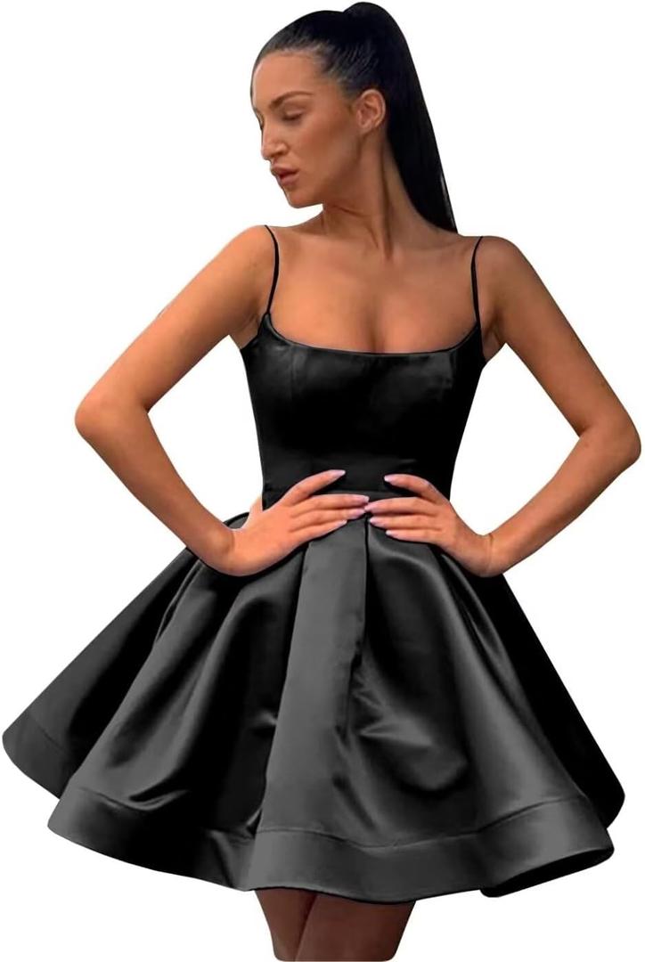A-line Satin Homecoming Dress Spaghetti Straps for Women, Short Square Neck Cocktail Dress Sleeveless Prom Dress (2)