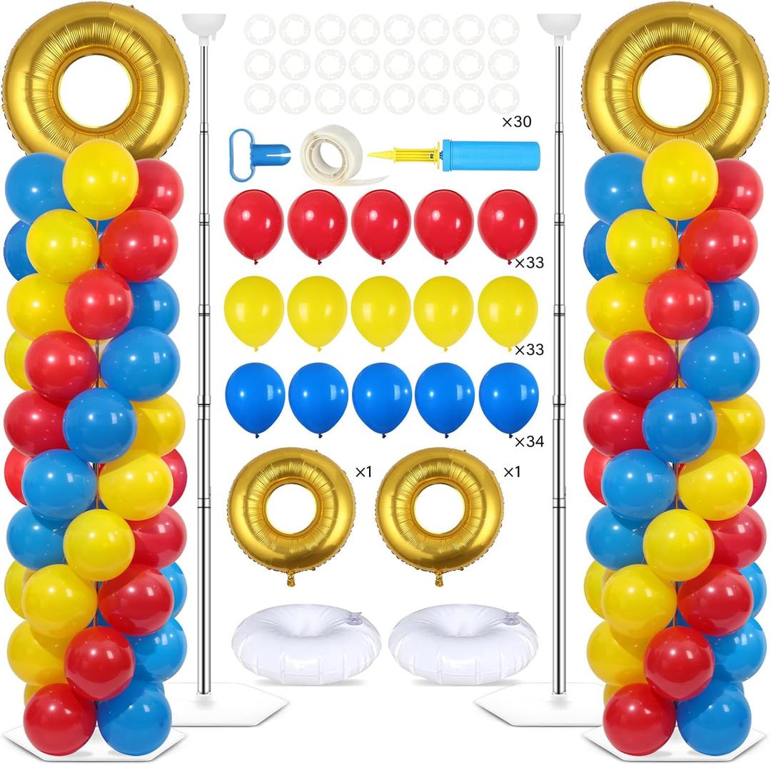 2 Sets Red Blue Yellow Balloon Column Stand Kit with 102 Balloons Ring 5.57ft Adjustable Balloon Tower Stand with Red Blue Gold Balloons Arch Column for Birthday Baby Shower Party Supplies