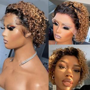 Ombre Ginger Pixie Cut Wigs Human Hair Short Curly Lace Front Wig Ombre Ginger 13X1 Pixie Wig For Black Women 150% Density (6 Inch)