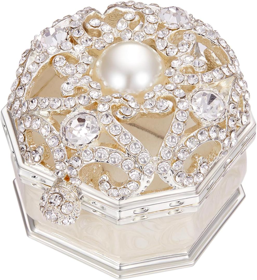 Double Ring Box for Wedding Ceremony, Engagement Proposal, Vintage White Crystal Gift (2 Slot)