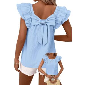 Falechay Womens Tops Cute Going Out Round Neck Shirt 2025 Summer Trendy Women Blouse Babydoll Short Sleeve Bow Tie Top Puffed Hem Basic Tee Casual Ruffle Butterfly Sleeves Loose Fit Light Blue Tunic S