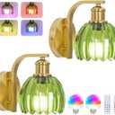 Rechargeable Battery Operated Wall Sconce Set of Two with Green Glass Lampshade, Wireless Battery Powered Wall Lamp with Remote Control, 15 Colors Gold Wall Light for Bedside Hallway Bedroom Doorway