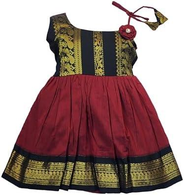 AMBA COLLECTION BOUTIQUE Girl's Traditional Ethnic Wear Kalyani Cotton Flower Knot Frock, 0-3 Months