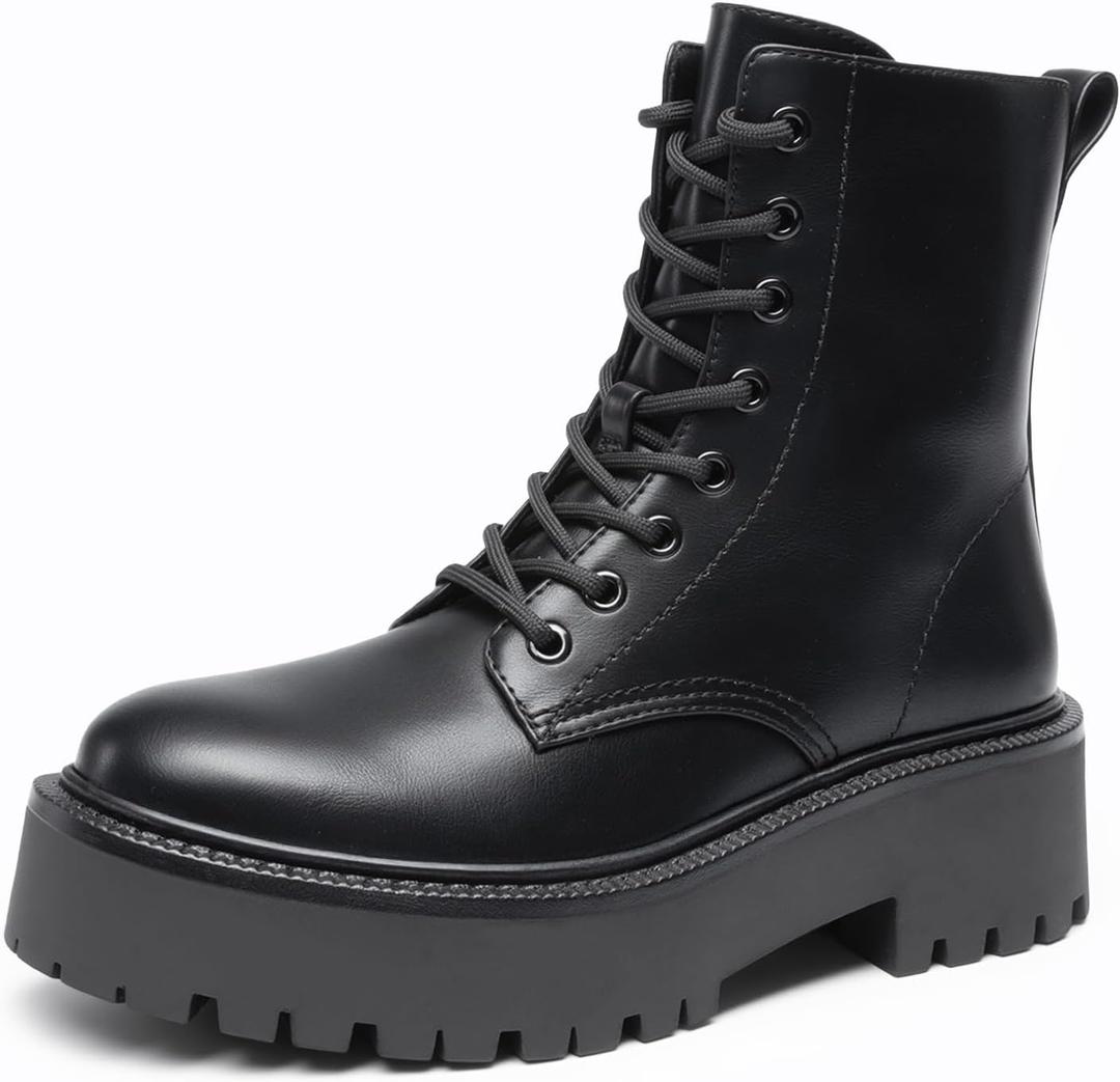 DREAM PAIRS Women's Platform Combat Ankle Boots Fashion Lace-up Short Booties with Lug Sole and Side Zipper (8, Black)