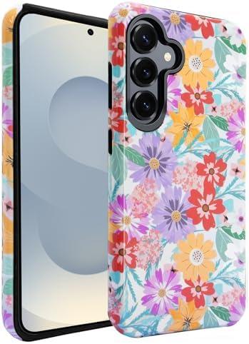J.west for Samsung Galaxy S25 Case 6.2 inch Heavy Duty Slim Rugged Shockproof Cute Pink Floral Print Hybrid Dual Layer Aesthetic Garden Flowers Cover for Girls Women Protective Phone Cases