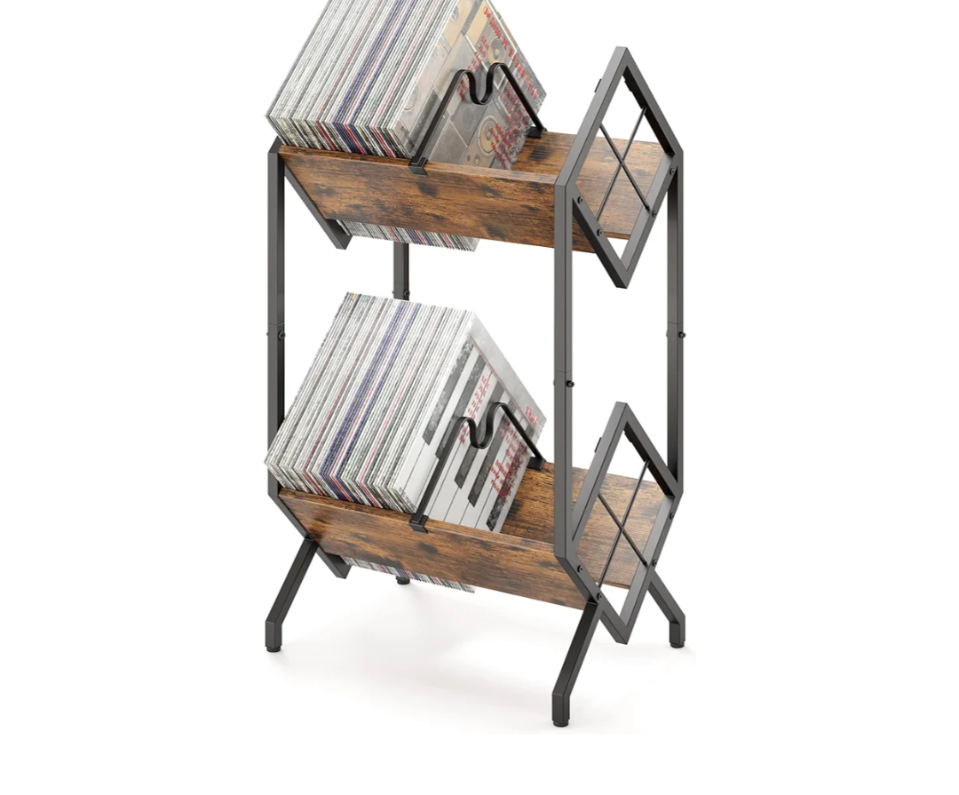 2-Tier-Vinyl-Record-Storage-Holder With Dividers, Metal Album storage for vinyl records display Shelf, Vintage 160-200 LP Storage Shelf Stand (Rustic Brown-2 Tier)