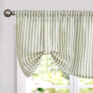 jinchan Tie Up Linen Textured Striped Bow Tie Curtain for Kitchen Bathroom Rod Pocket Pinstripe Valance Window Treatments Ticking Stripe Pull Cord Valance 1 Panel 18 Inch Sage Green on Linen