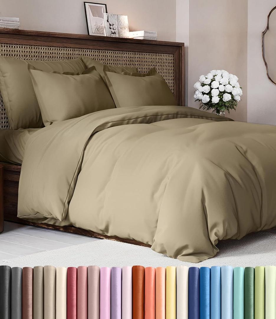 Duvet Cover Queen Size Set - Extra Soft Queen Duvet Cover 90" x 90" with 2 Pillow Shams - Hotel Luxury, Easy Care and Fade Free w/ Zipper Closures & Ties - All Season, Comfy, Cozy & Breathable (Khaki (No Comforter))