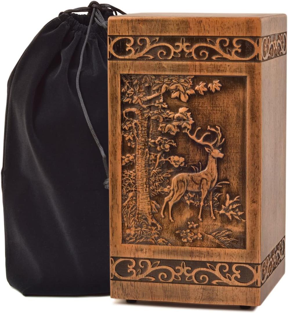 KIMNAG Wooden Cremation Urn for Human Wood Ashes Decorative Box Funeral Urns for Adult Male Female with Satin Bag Burial or Memorial Keepsake (Deer(XL) 250lbs)