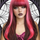 Draculaura Neon Pink Wig with Bangs Reverse Ombre Hot Pink Long Loose Body Wavy Wig with Curtain Bangs for Women 26 Inch Highlight Root Synthetic Draculaura Cosplay Halloween Party Use