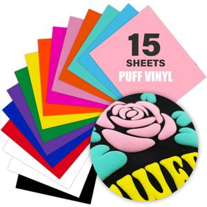 12" x 10" Iron-On 3D Puff Heat Transfer Vinyl Sheets - Pack of 15, 3D Vinyl for DIY T-Shirts & Fabrics, Easy Cut & Weed, Durable Vinyl for Heat Press Assorted Color HTV Sheets