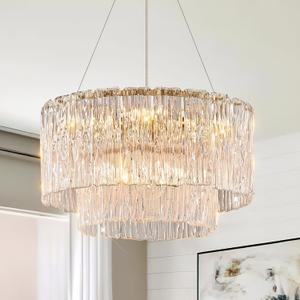 Modern Gold Chandeliers,20 Crystal Glass Pendant Ceiling Light Fixtures 7-Light Round Chandelier Luxury 2 Tiers Hanging Chandelier for Dining Room Foyer Living Room Bedroom