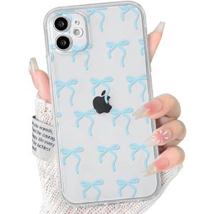 NITITOP Compatible with iPhone 11 Case Clear Cute Bowknot Ribbon Pattern for Women Girls Soft TPU Anti Yellowing Shockproof Full Camera Protection Cover - Blue