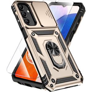 SunStory Phone Case Compatible with Samsung Galaxy A16 5G Case with HD Screen Protector & Slide Camera Cover & Rotated Ring Kickstand, [Shockproof] Dual Layers Phone Case for Samsung A16 (Gold)