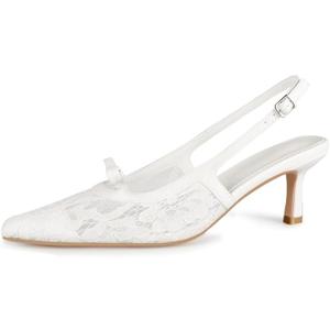 MAVMAX Slingback Mesh Lace Heels for Women Kitten Heels Pumps with Buckle Bow Tie Pointed Close Toe Dress Casual Office Party Shoes, Mesh White, US 7.5