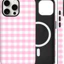 Magnetic for iPhone 15 Pro Max Case Cute Checkered Stripes Phone Case for Women Girls, Shockproof Slim TPU and Hard PC Protective Phone Cover Compatible with MagSafe Designed, Pink