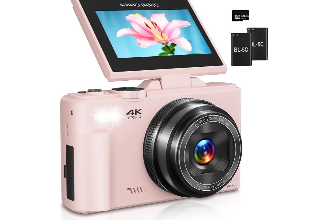 Digital Camera for Photography, 4K Vlogging Camera for YouTube 3" 180° Flip Screen 18X Digital Zoom Compact Cameras with 32GB TF Card & 2 Batteries, Pink