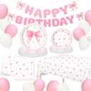 Zhehao 66 Pcs Coquette Pink Bow Birthday Party Supplies Include 7" 9" Pink Bow Paper Plates and Napkins Sets Happy Birthday Banner Tablecloth for Coquette Party, Serves 16 Guests