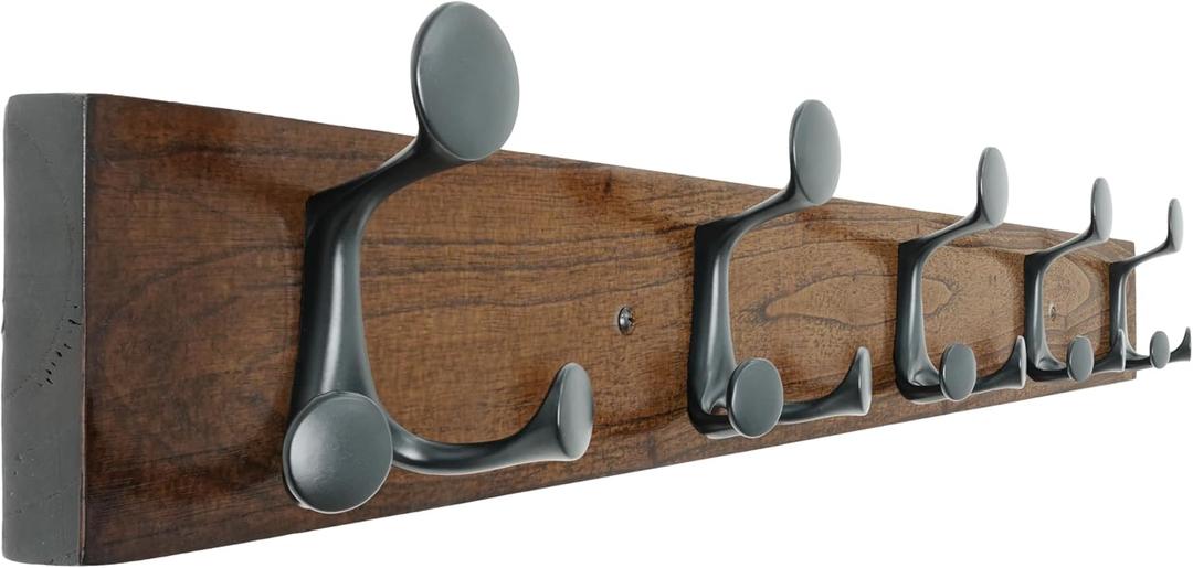 SKOLOO 30-Inch Walnut Wood Coat Rack Wall Mount with 5 Triple Hooks - Ideal for Family Entrances, Classrooms, and Pet Supplies Storage - Perfect Coat Hooks for Wall