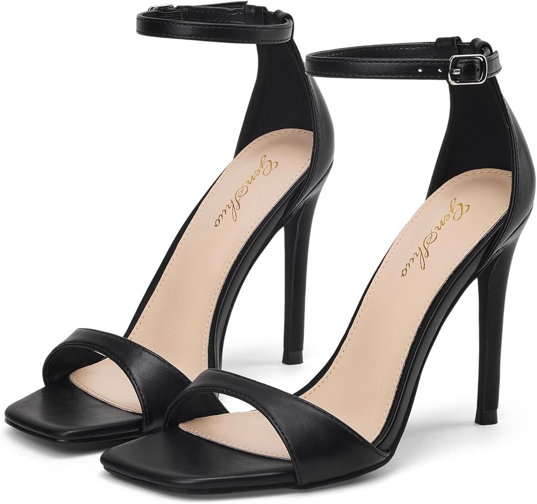 GENSHUO High Heeled Sandals for Women One Strap Heels with Square Open Toe 4 Inch Stiletto Ankle Strap Shoes Elegant Sexy Dress Wedding Party (8, Solid Black)