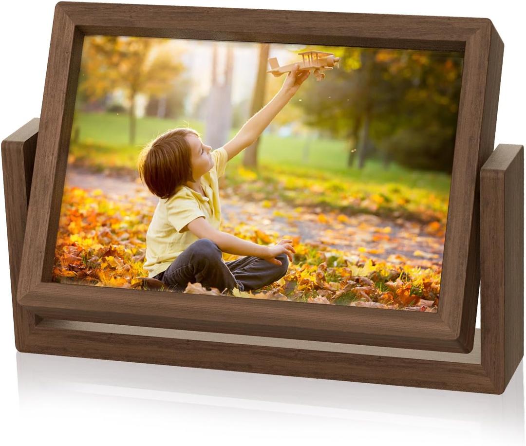 Mixoo 4x6 Picture Frame Rotating Photo Frame, Wooden Picture Frames 4x6 Horizontal Double sided Rustic Floating Frame for Desk Tabletop Family Office Wedding