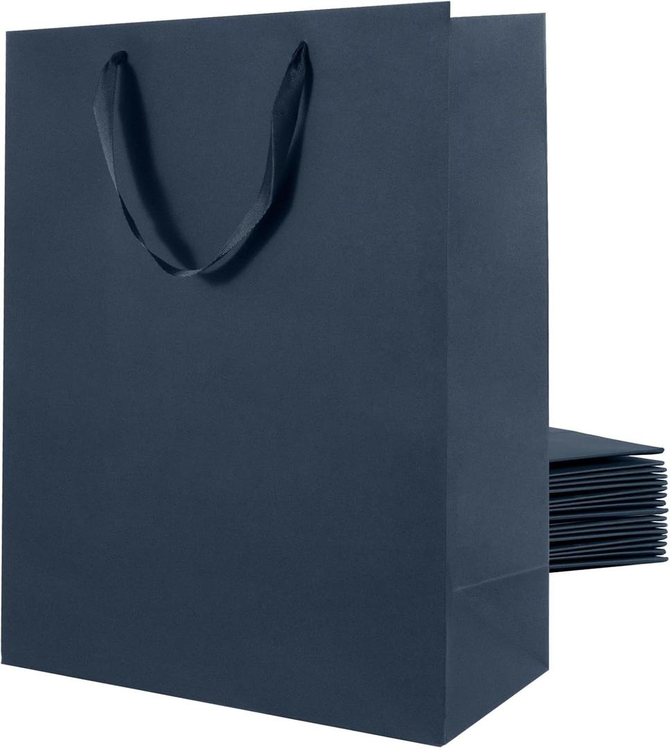 Large Navy Blue Gift Bag with Handles 12 Pack, 13''7''17'' Extra Large Gift Bag with Ribbon Handles, Reusable Heavy Duty Kraft Paper Bags Bulk for Shopping, Wedding, Party, Gift, Retail