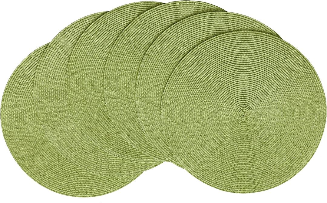 HODJOY Placemats Set of 6, Round Placemats for Dining Tables, Washable Woven Placemats for Christmas 15 inch (Pea Green)