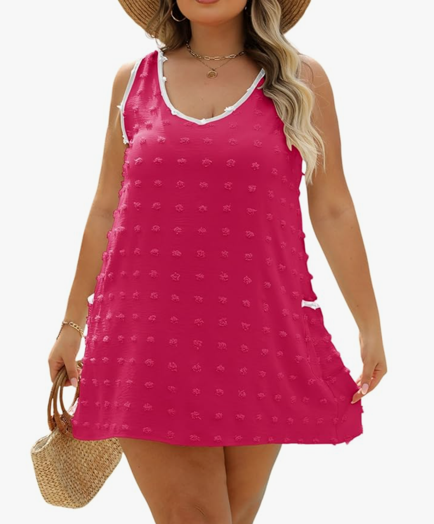 XAKALAKA Womens Plus Size Casual Sun Summer Dressses Swiss Polka Dot V Neck Vacation Beach Cover Up Tank Dress with Pockets, 1XL