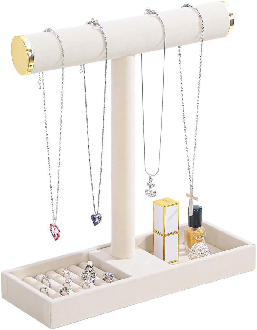 Coward Jewelry Organizer Stand, Velvet Necklace Bracelet Watch Ring Display Holder with Tray, Multi-use Jewelry Display Stand for Women (Beige)