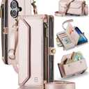 Strapurs Wallet Case Compatible with iPhone 17 6.3" RFID Blocking 9-Card Holder Soft PU Leather Magnetic Snap Shoulder Strap Zipper Pocket Phone Case Fit for iPhone 17 for Women - Rose Gold
