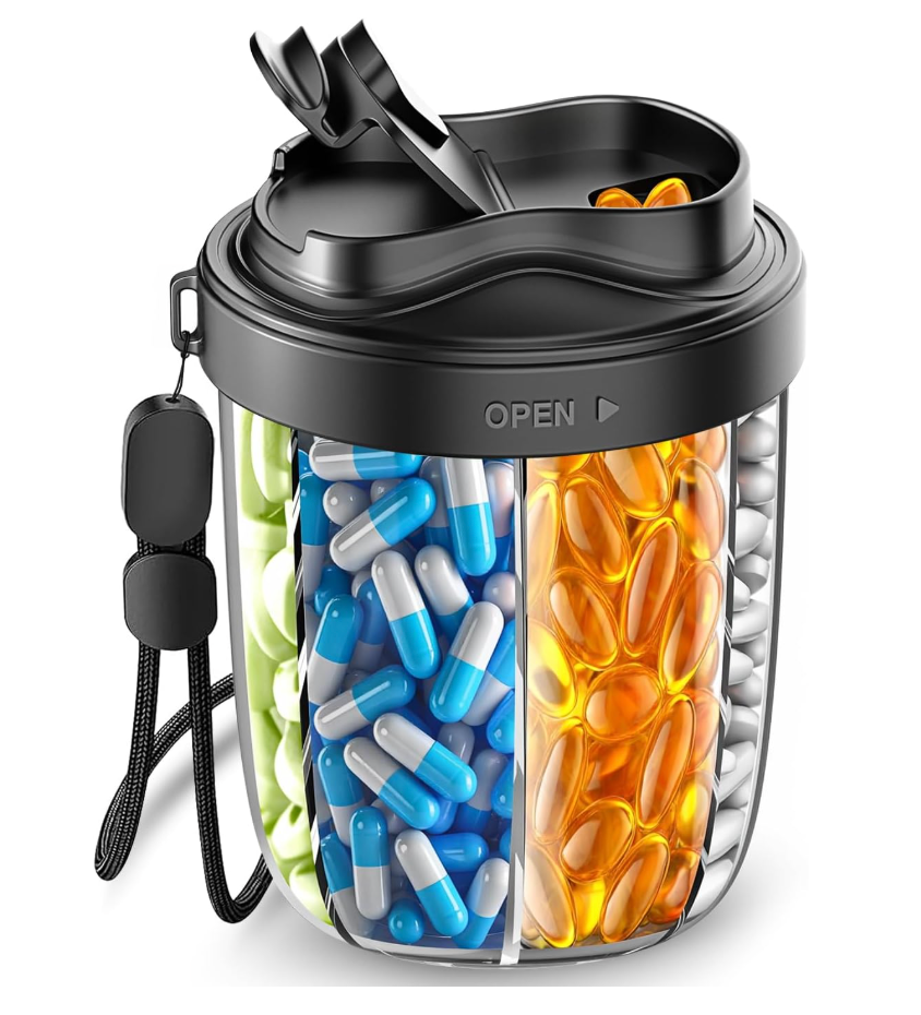 2 x Large Pill Organizer with 7 Large Compartments - Portable Pill Dispenser for Travel, Anti-Mix Design & Wide Opening Design, Easy Access to Vitamin Dispenser, Includes 20 Blank Stickers (Black)