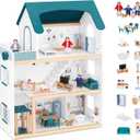 OOOK Wooden Dollhouse with Liftable Elevator - 2.6 Feet High Modern Doll House for Kids Toddlers - Including 21 Furniture Pieces, 4 Family Dolls, and 1 pet