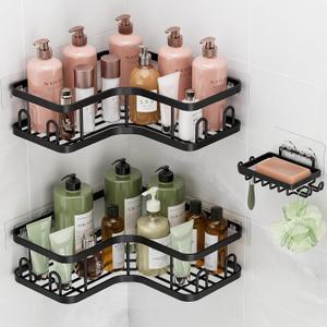 Veken Corner Adhesive Shower Caddy 3-Pack with Soap Holder&Hooks,No Drilling Shower Shelves,Rustproof & Waterproof Bathroom Organizers and Storage,Rack for Small Spaces, Kitchen&Rental-Friendly,Black