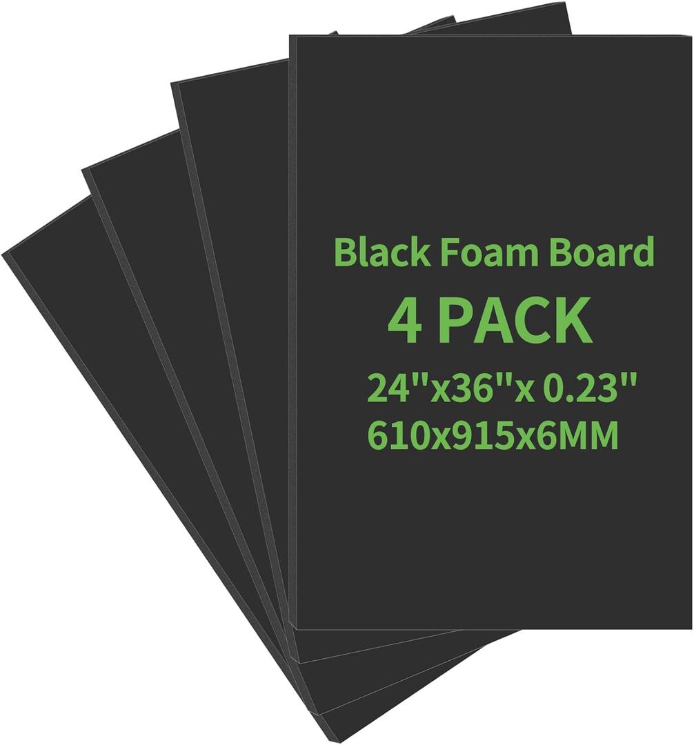 4 Pack Foam Board 24"x36", 0.23 Inch Thickness Poster Board, Double-Sided Acid-Free Foam Core Board, Large Lightweight Polystyrene Board for Painting, Display, Craft & School Projects, Black
