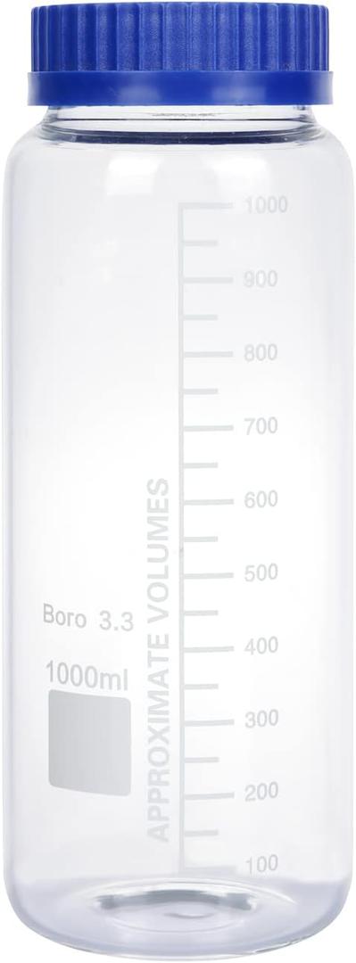 2 Pack 1000 mL Wide Mouth Graduated Round Borosilicate Reagent Media/Storage Lab Glass Bottle With GL70 Blue Polypropylene Screw Cap