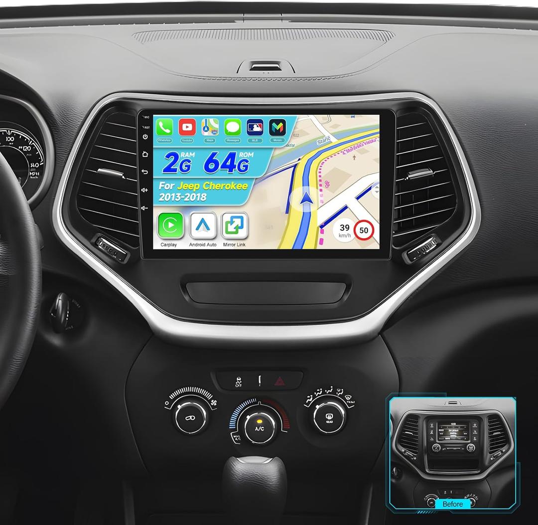 [2G+64G] 10.1 inch Radio for Jeep Cherokee 2013-2018, Android Touch Screen Cherokee Car Stereo, Carplay/Android Auto/EQ Audio/1080P/SWC/Bluetooth