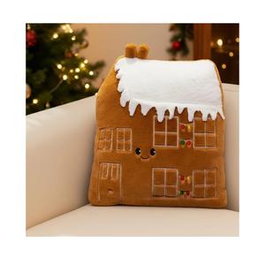 Cute Gingerbread House Pillow, Xmas Plush Throw Pillow Snow House Shaped Holiday Decor, Brown 13.8"