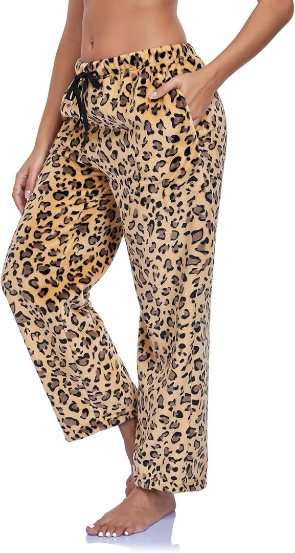 RONGTAI Leopard Print Pants for Women Soft Flannel Pj Bottoms Casual Warm with Pockets Drawstring Trousers S-XXL