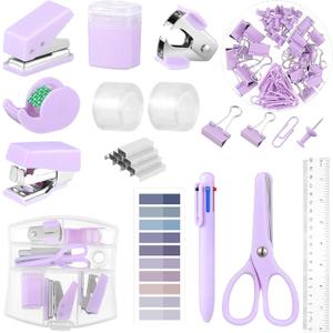 Mini Office Supplies, Purple School Supplies with Sticky Notes,Mini Stapler,Tape Dispenser,Hole Punch,Staple Remover,Staples,Clips,Scissor,Pen (Purple)