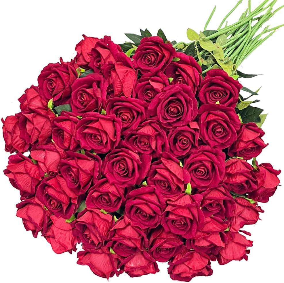 Jasion 50PCS Artificial Roses 4.14'' Realistic Velvet Large Flowers Long Stem Faux Flowers Bouquet for Wedding Home Party Table Centerpieces Decorations (Red)