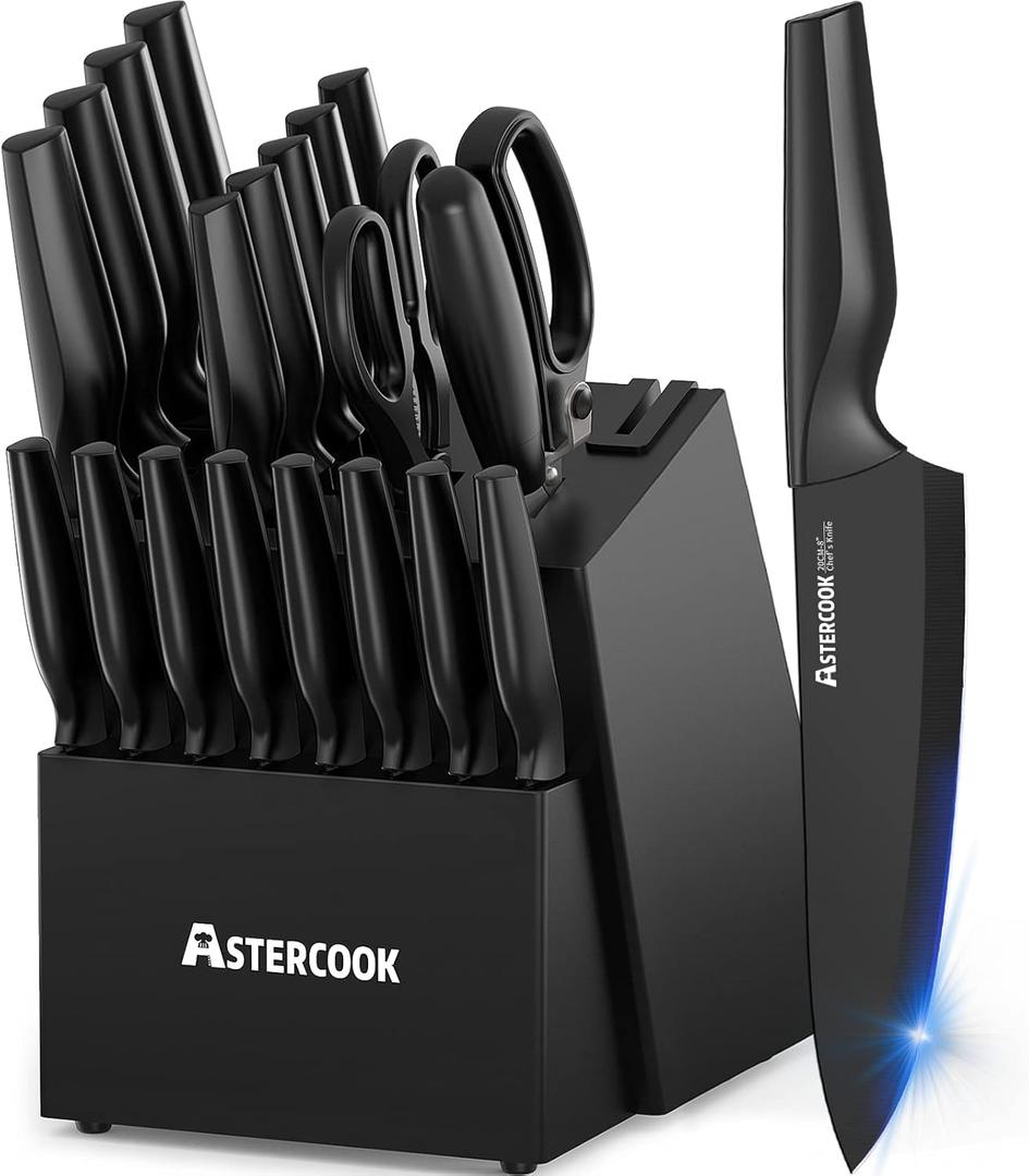 Knife Set, Astercook 21 Pieces Knife Sets for Kitchen with Block, Dishwasher Safe Kitchen Knife Set with Built-in Sharpener, German Stainless Steel Black Knife Block Set Mothers Day Gifts