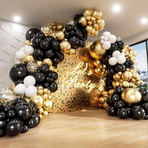 182pcs Black and Gold Balloons Garland Arch Kit, 5 10 12 18 inch Black White Metallic Gold Confetti Latex Balloons for 2024 Graduation Decorations New Year Birthday Party Decorations